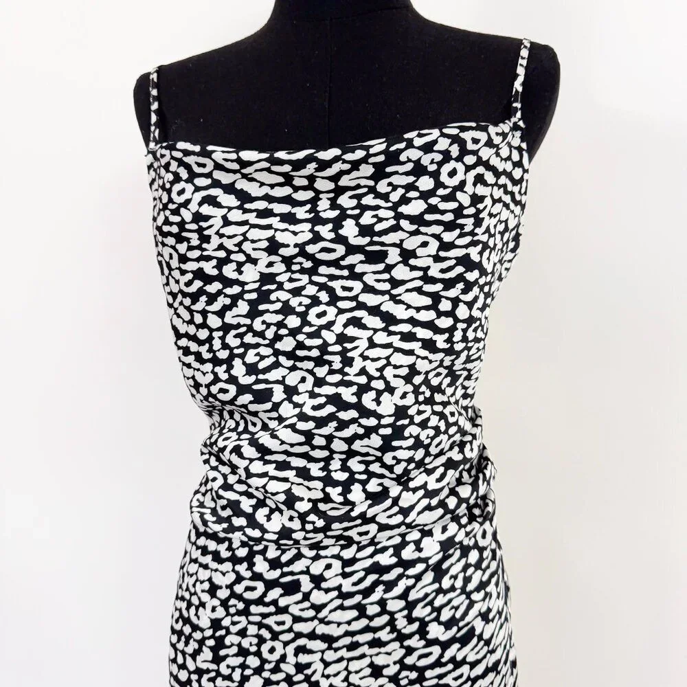 90S STYLE SATIN SLIP DRESS DRAPED COWL NECK BLACK AND WHITE LEOPARD PRINT - Picture 2 of 8